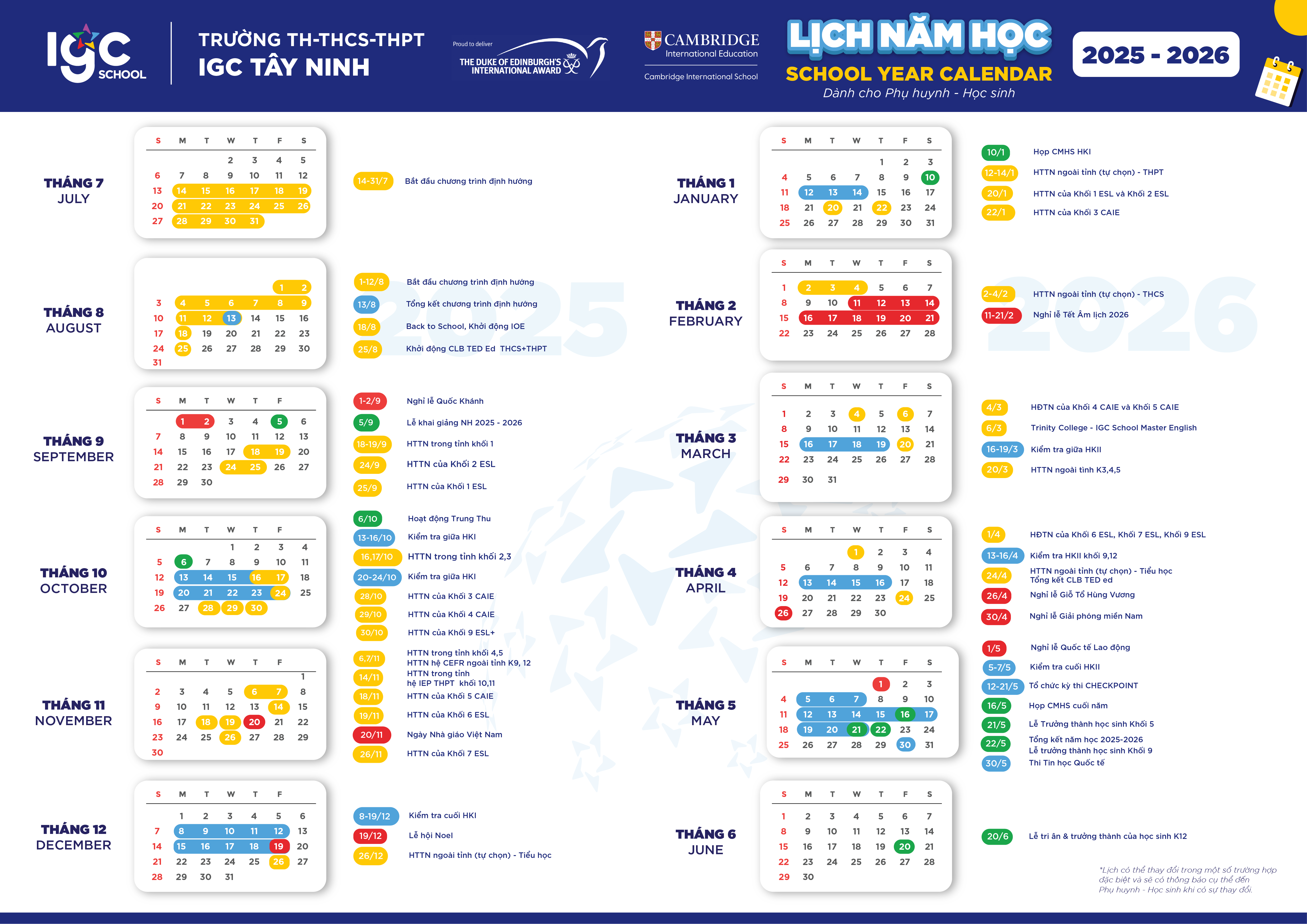 LỊCH NĂM HỌC 2025-2026