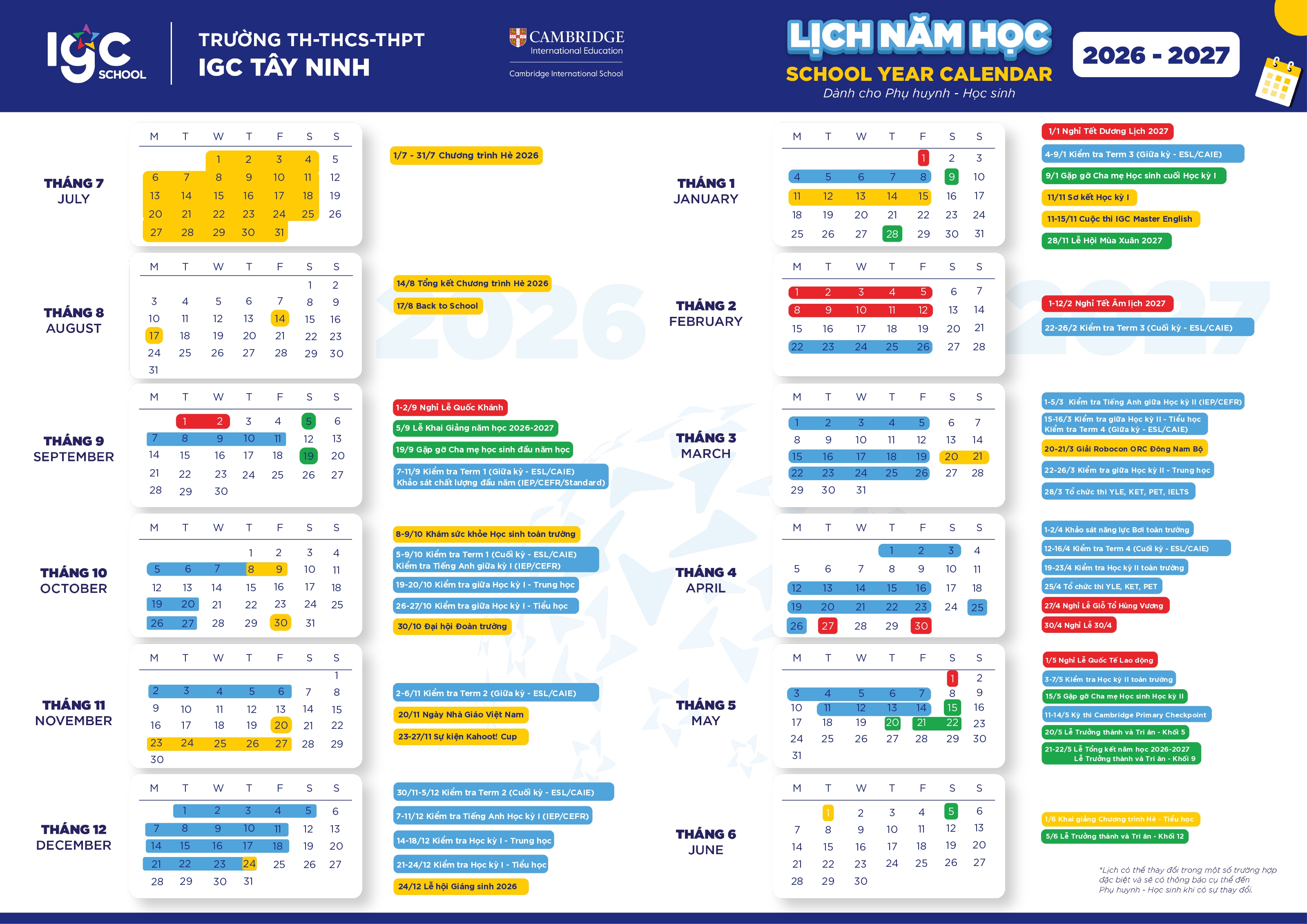 LỊCH NĂM HỌC 2026-2027